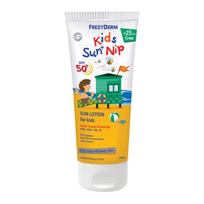 Frezyderm Kids Sun + Nip Spf50+ Παιδικό Αντιηλιακό Γαλάκτωμα για Πρόσωπο και Σώμα με Εντομοαπωθητικούς Παράγοντες 175ml