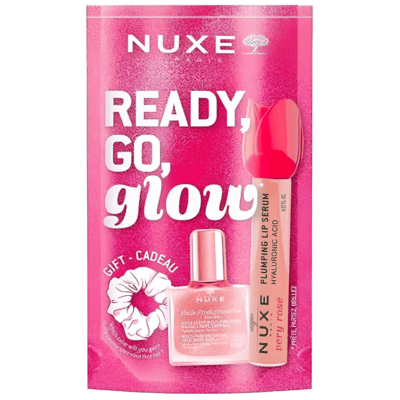 Nuxe Glow on the Go Pink Kit Huile Prodigieuse Or Florale Ξηρό Λάδι με Λάμψη για Πρόσωπο, Σώμα & Μαλλιά, 10ml, Very Rose Lip Plumping Serum για Όγκο Χειλιών, 8ml & Δώρο Scrunchie Μαλλιών, 1τεμ, 1σετ